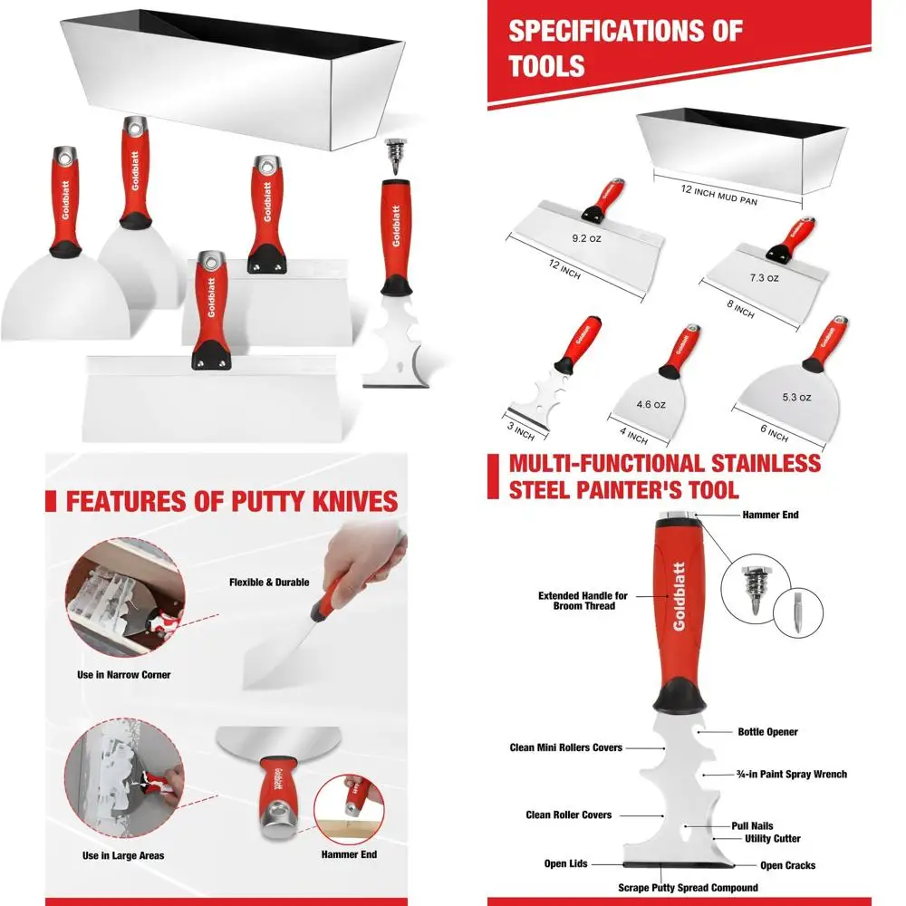

Drywall Hand Tool Kit - 14 in 1, 6 Pieces Stainless Steel Joint Knife, Taping Knives, Paniter Scraper, Mud Pan