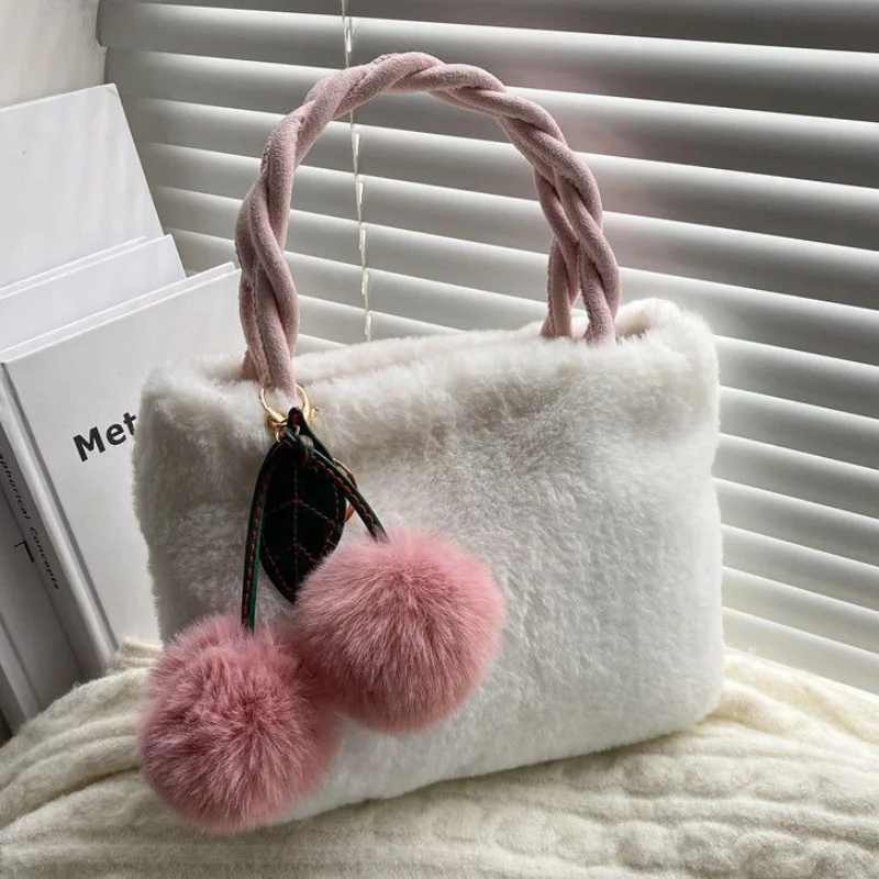 

New Winter Women's Plush Handbag Braided Rope Handle Bucket Bag Solid Color Crossbody Bag With Metal Chain Cherry Pendant Bag