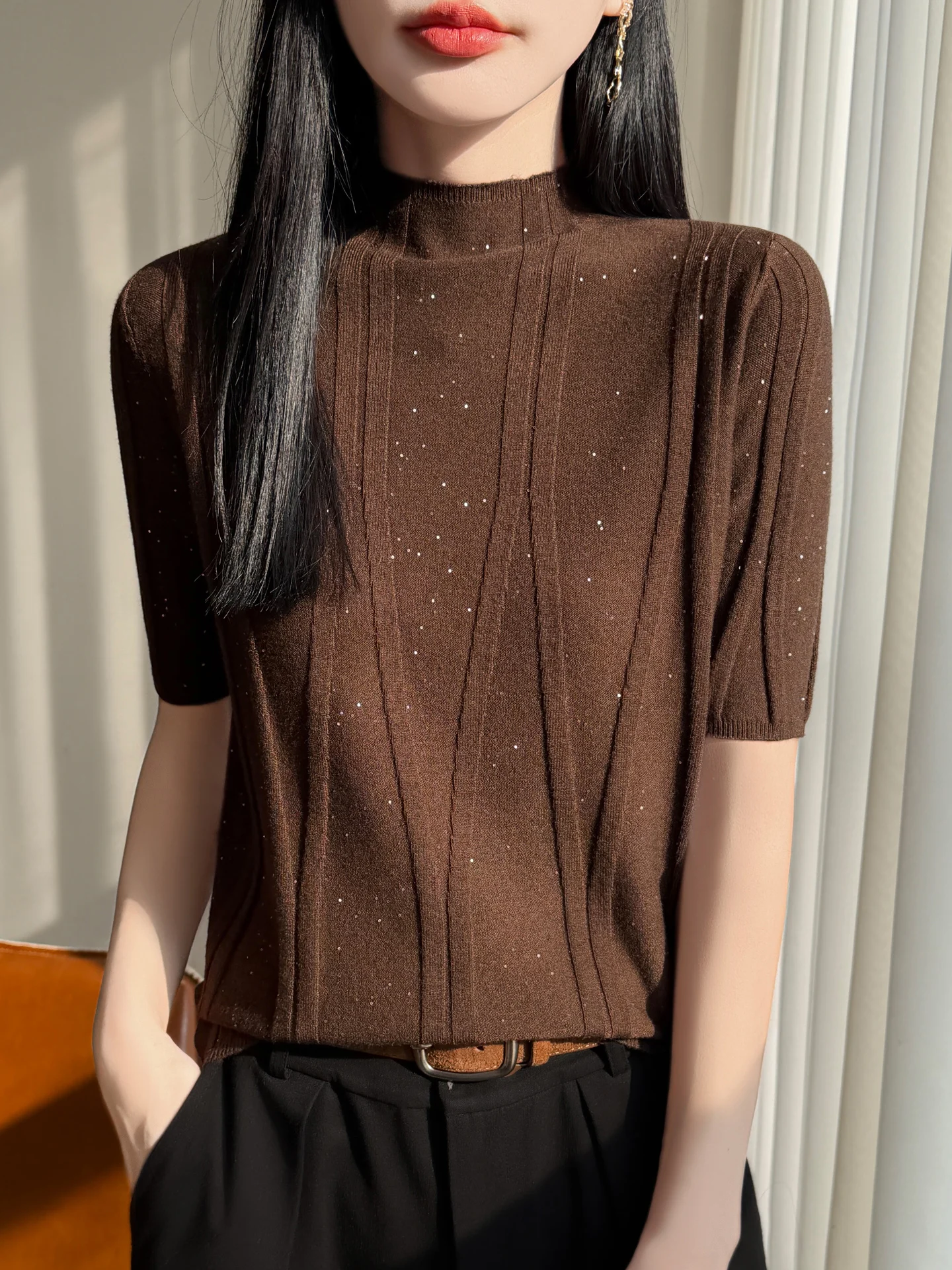 

Весенне-летняя женская трикотажная футболка с воротником-стойкой, модный джемпер, повседневный топ в корейском стиле, элегантная однотонная одежда