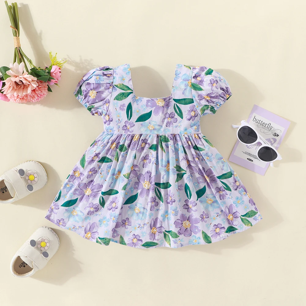 Summer girls short sleeved dress baby girl printed flower back bow square neck bubble sleeve princess dress