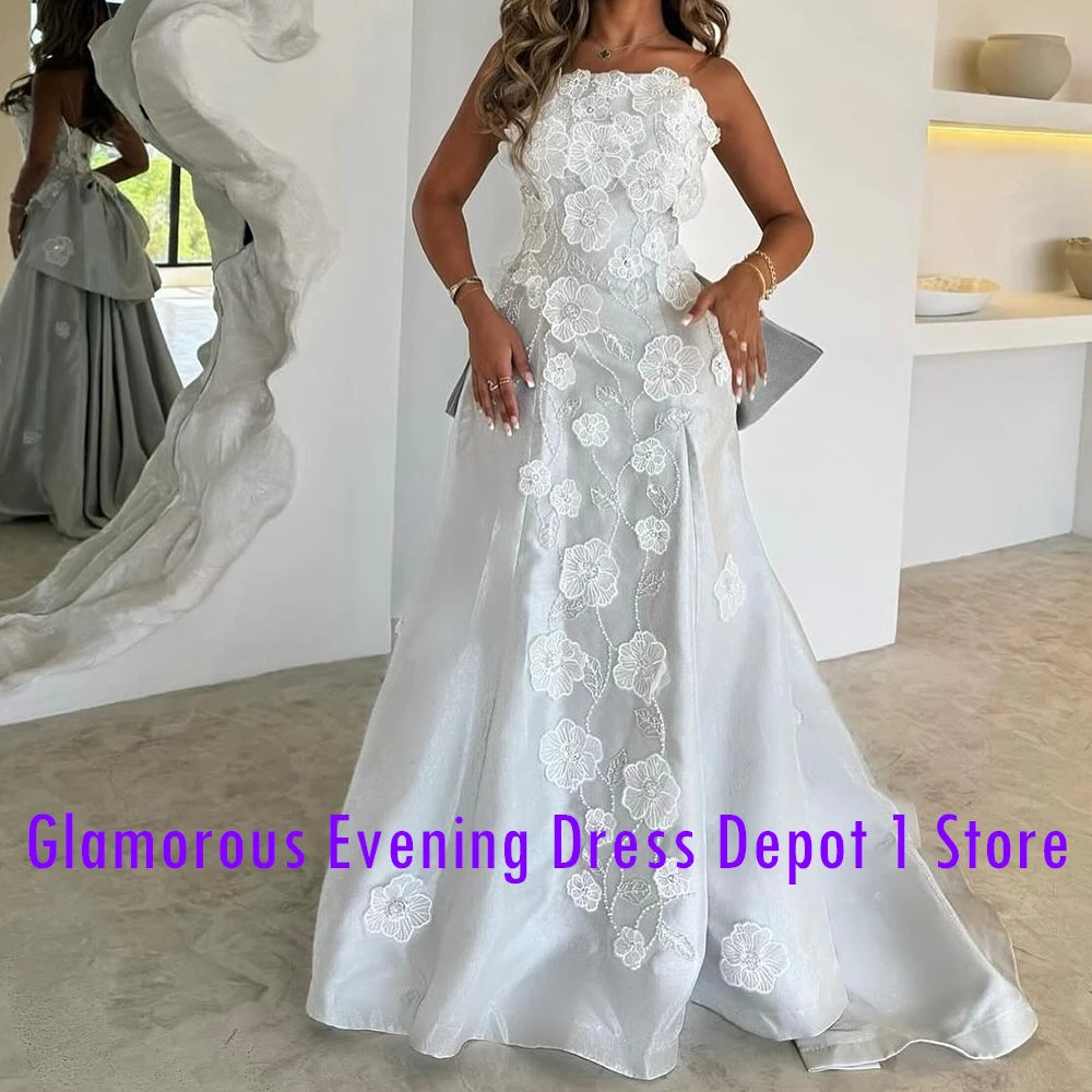 Customized Elegant Appliques Bow Satin Evening Dresses Exquisite A-Line Floor Length Strapless Sleeveless Special Occasion Gowns