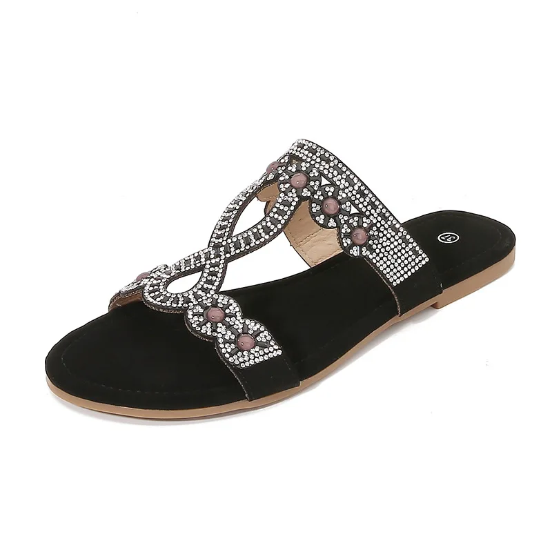 Summer Bohemian Rhinestone Sandals for Women Flat Slippers Woman Peep Toe Light Comfort Slip on Beach Shoes Flip Flops