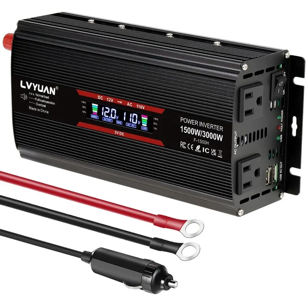 

1500W 12V to 110V Car Power Inverter with 2 US Sockets, Cigarette Lighter, LCD Display, USB Ports for Car, Home, Truck, Outdoor,