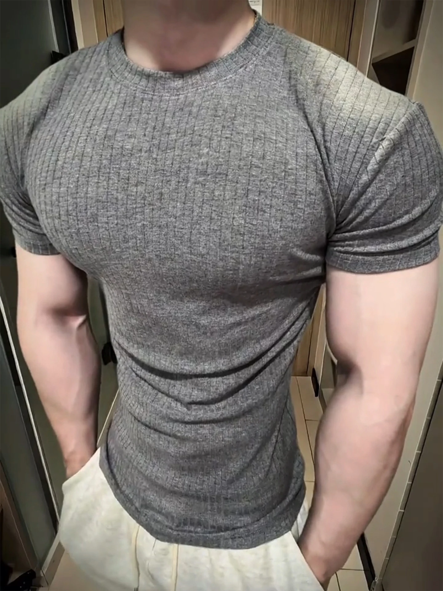 Quick Dry Fitness Sportswear Men's Short Sleeve Striped Waist Cinching Elastic Slim Fit Summer Muscle Displaying T-Shirt