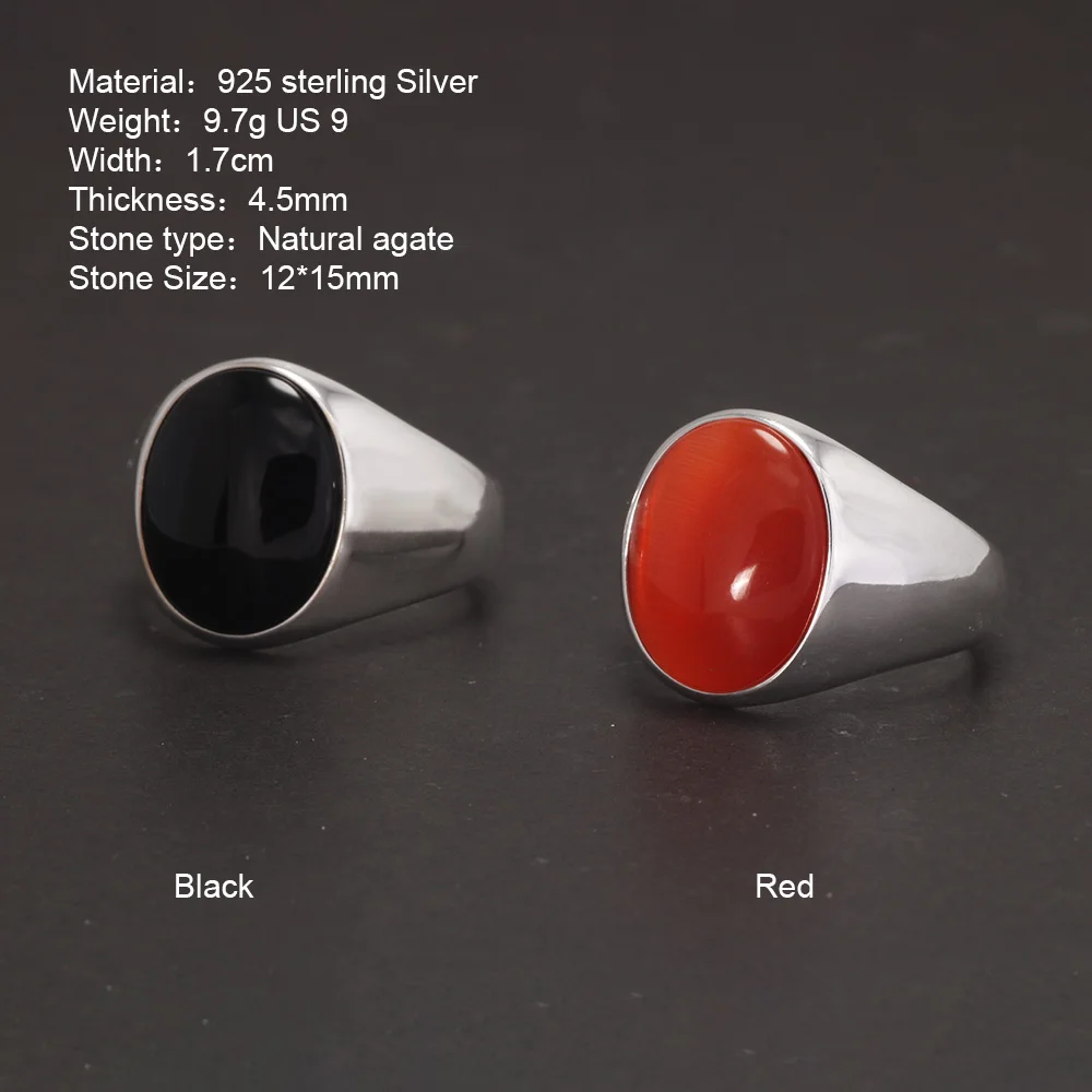 S925 Sterling Silver Natural Stone Rings for Men Red Black Color Agate Turkish Handmade Jewelry Luxury Ring Smooth Simple Design