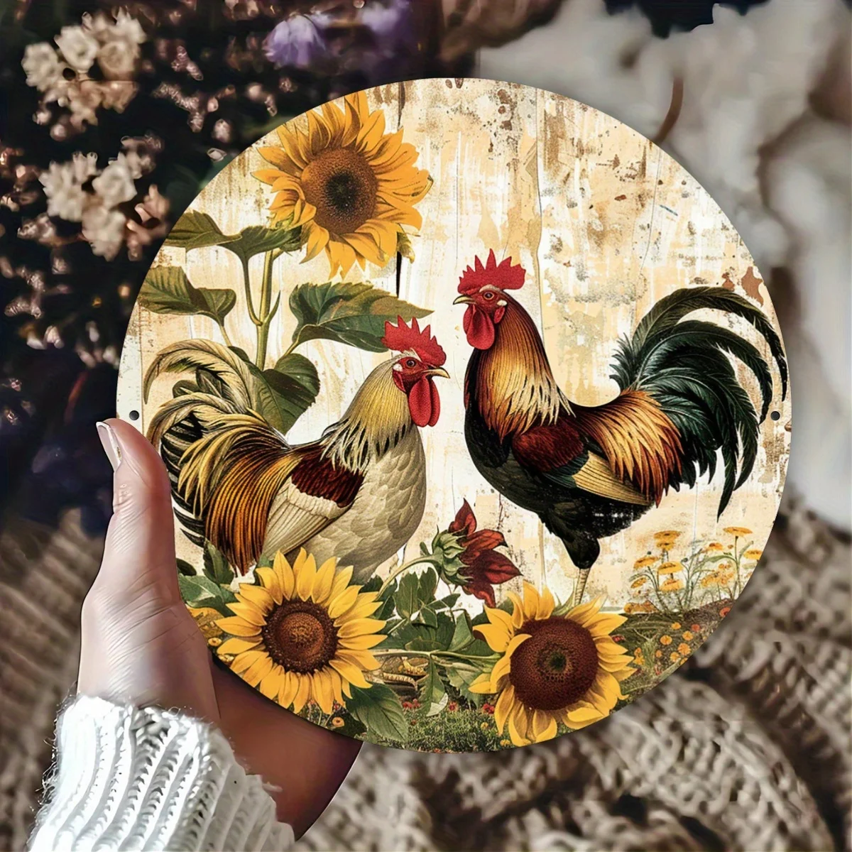 2D Flach 1 Stück 20x20cm Rundes Vintage Metall Blechschild Hahn Huhn Sonnenblume Bauernhaus Retro Wanddekoration Plakette