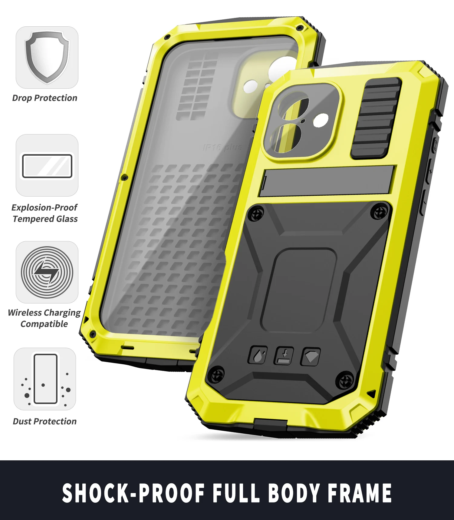 R-just Shockproof Armor Cover Case For Iphone 16 15 Plus Pro Max Cases Bracket Full Body Protect Silicone Liner Metal Bumper