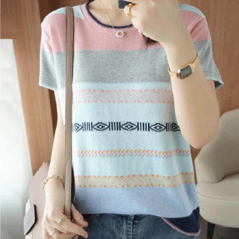 Ladies Summer 2024 New Ice Silk O-Neck Striped Knitted Tshirts Feminine Short Sleeve Women Pullover Sexy Fashion Sweaters 19295