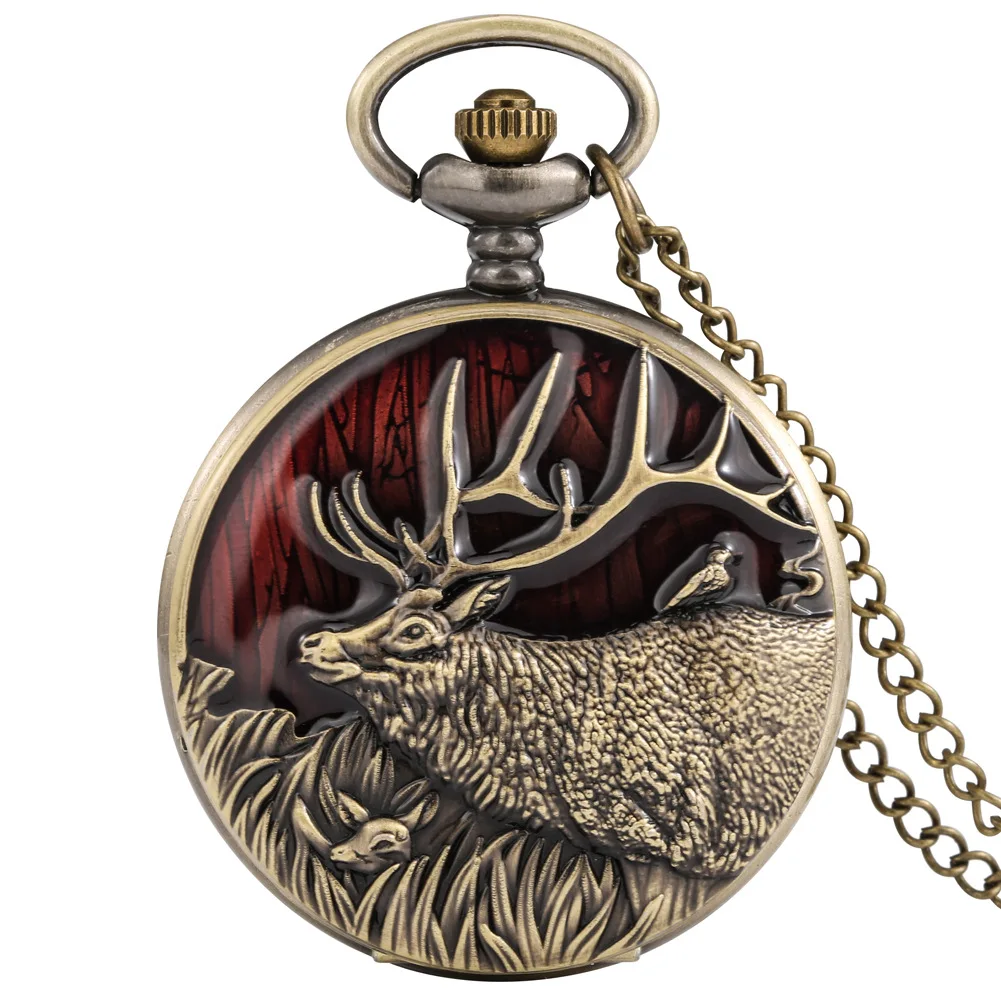 Hot selling bronze retro quartz big pocket watch red dripping glue elk design men and women gift souvenirs