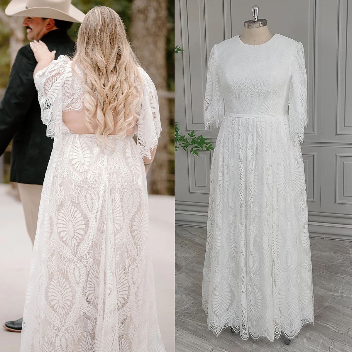 Short Flutter Sleeves Boho Eyelash Lace Wedding Gowns Large Size Customized Open Back A Line Round O Neck Bridal Dress No Train