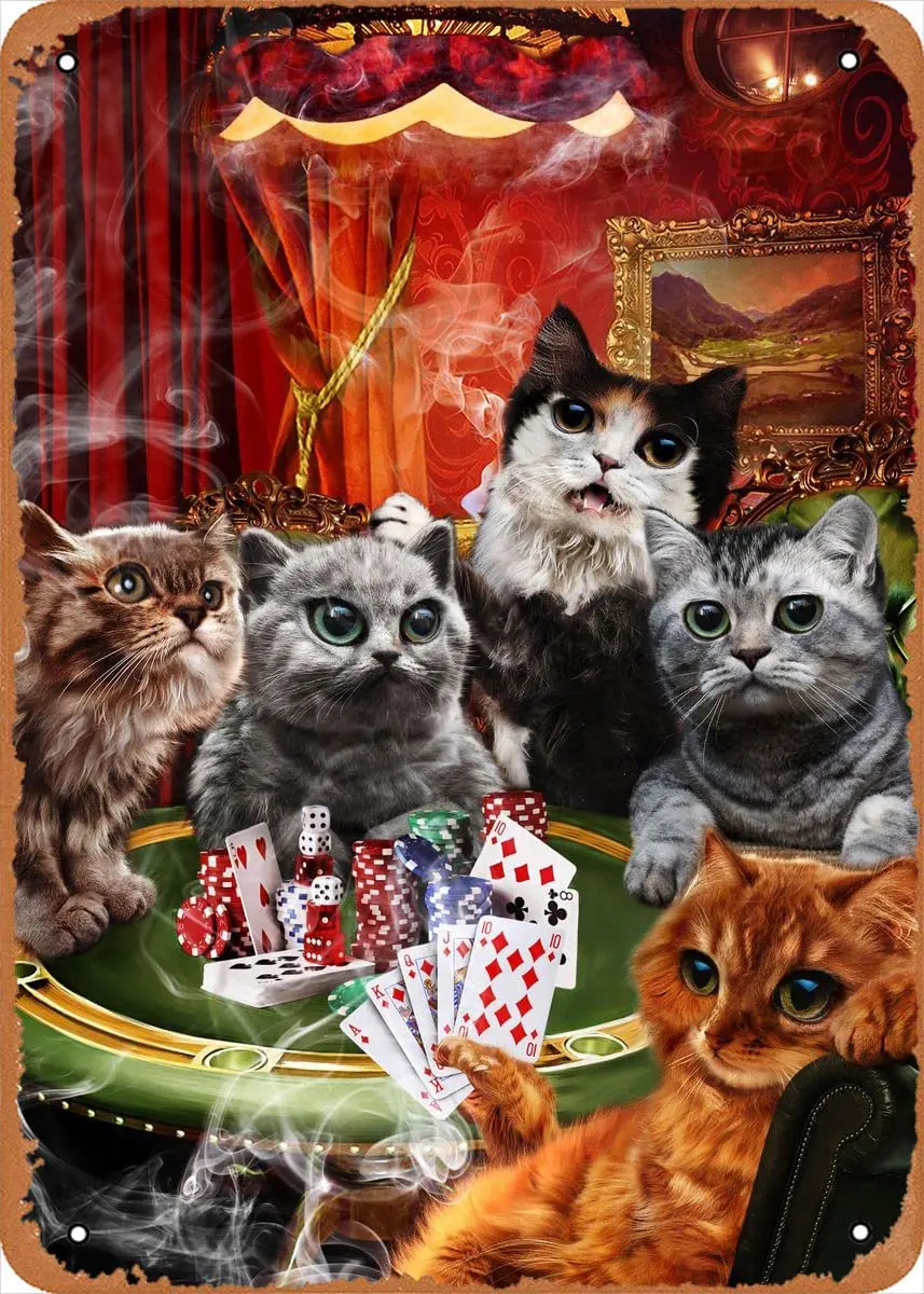 Cat Playing Poker Game Cats Game Role Game Poster Anime Game Art Deco Tin Sign - 8 x 12 inches