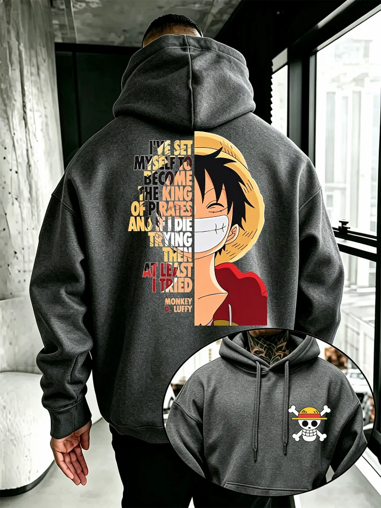 One Piece Anime Hoodie Monkey D Luffy Zitat-Print Streetwear Unisex Herren Damen Oversized Casual Sweatshirts Langarm – Detail 3