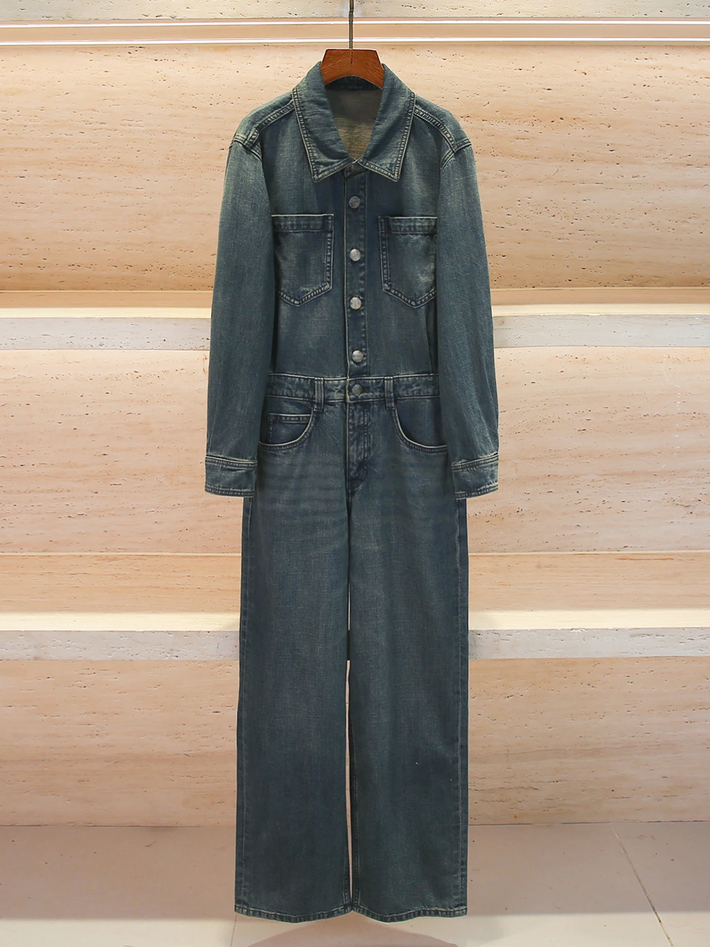 

Элитные женские джинсовые комбинезоны с широкими штанинами, весна 2026, в рабочем стиле, для повседневной носки, стандартный крой, с длинным рукавом, с воротником, повседневные джинсы