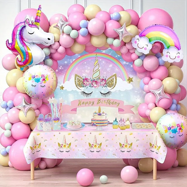 132 szt. Tęczowy jednorożec balonowy zestaw wieniec, różowy żółty niebieski balon lateksowy kolorowy jednorożec aluminiowy balon letnia impreza de