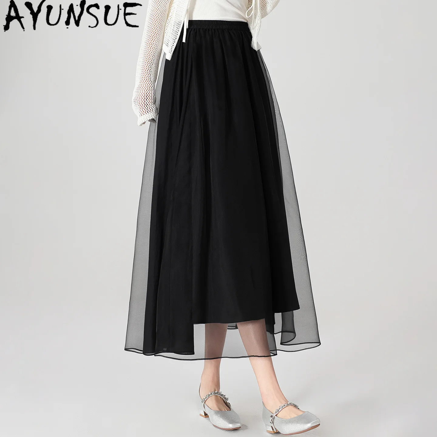 AYUNSUE 100% Mulberry Silk Long Skirts Organza Black Skirt Silk Cotton Splicing Commuter Skirt Summer Clothing 2026 Ropa Mujer