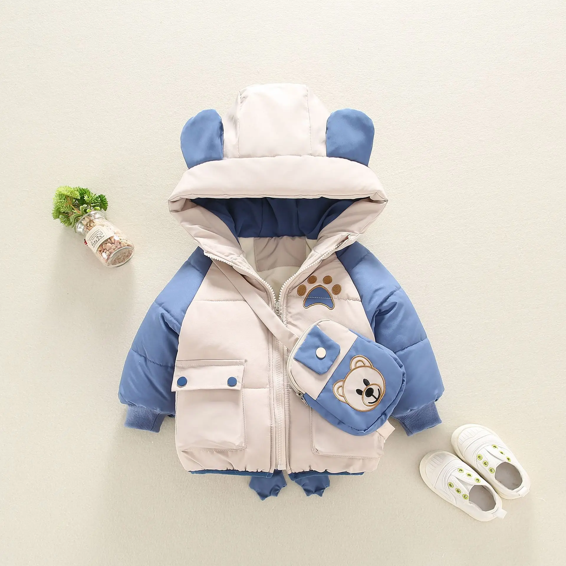 Winter Children Boy Parka Cotton Printed Thick Warm Infant Baby Boy Outerwear Contrast Splice Toddler Boy Hooded Jacket Bear Bag