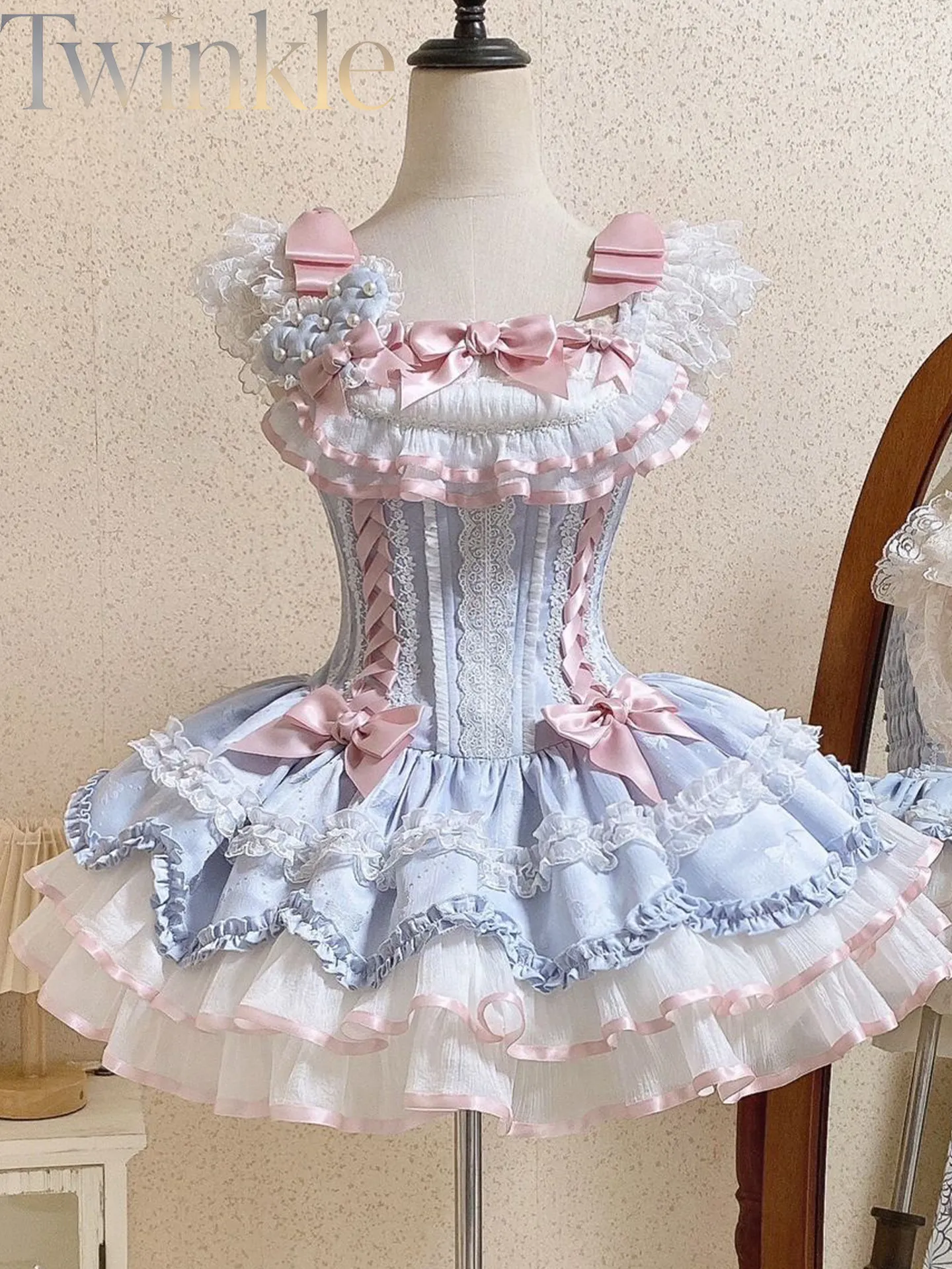 Women's Blue Satin Ribbon Lolita JSK Sweet Vintage Heavily Embellished One-Piece Dress Sweetheart Jumper Skirt Gown Elegant Lace