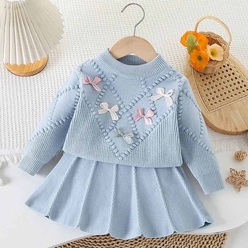 2025 New Autumn 2-6Yrs Baby Girls Clothing Set Children Knitted Clothes Suit Long Sleeved Knitted Pullover Top+Short Skirt