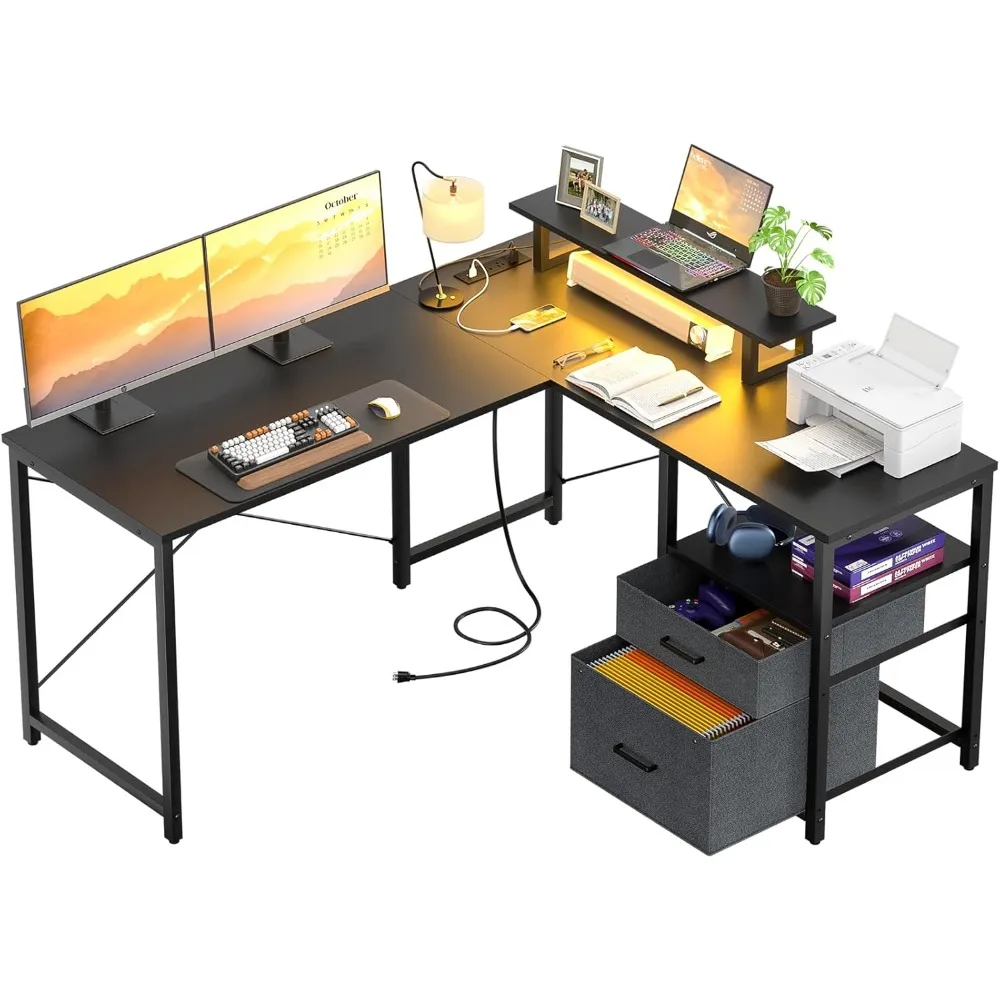 

L Shaped Computer Desk with Storage File Drawer, Reversible Home Office Desk with Recessed Power Strip and Led Strip,Gaming Desk