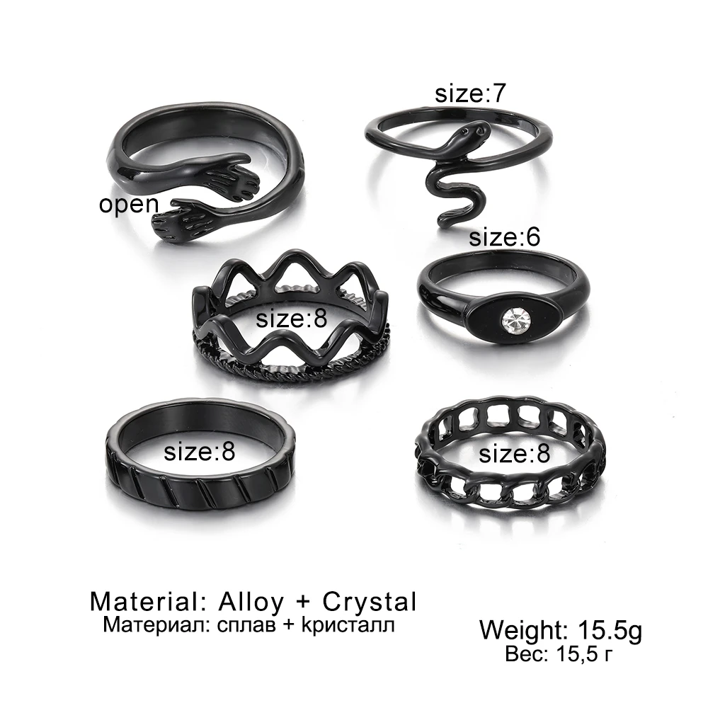 IPARAM Punk Creative metal Crystal Rings Set for Women Black Paint Voating Geometric Hands Hug Snake Finger Ring Fashion Jewelry