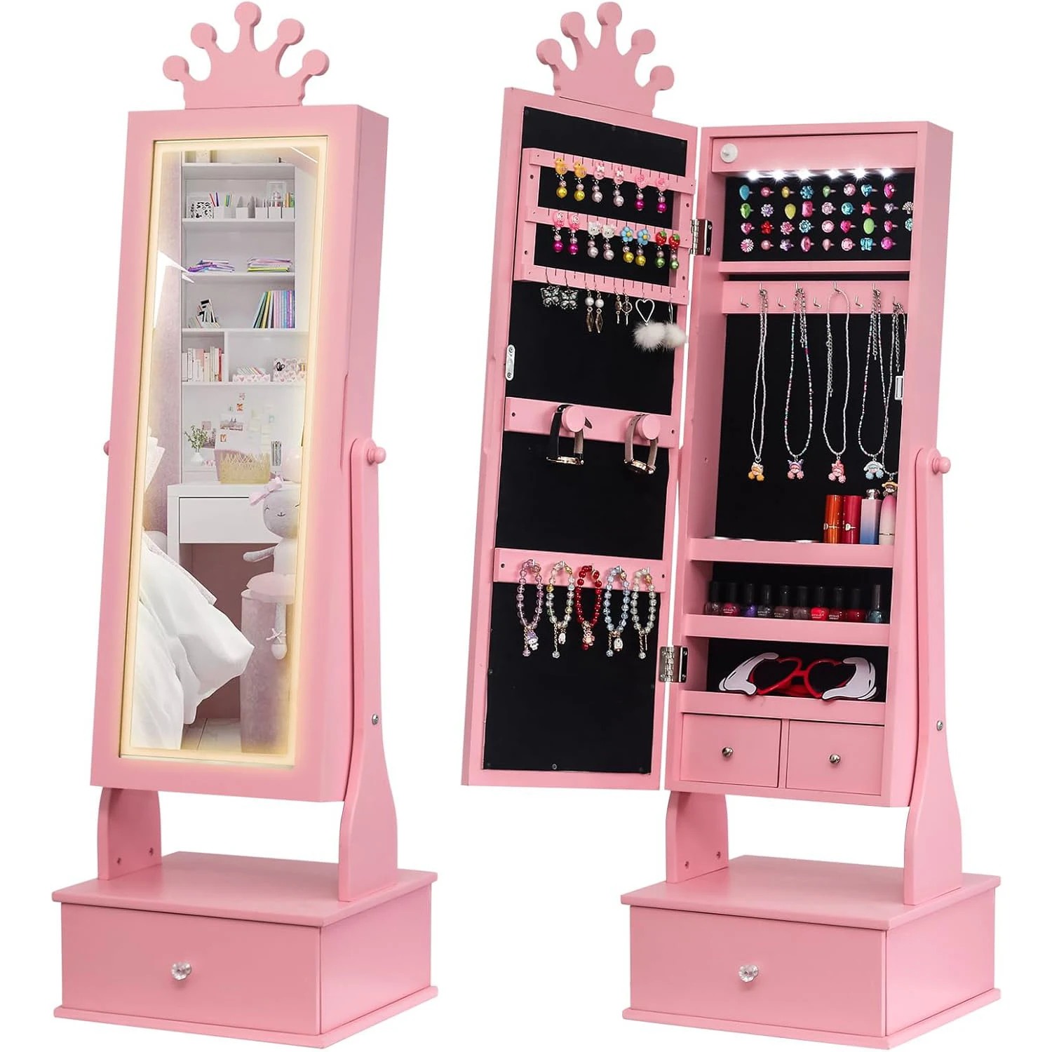 Kids Jewelry Armoire Cabinet with Full-Length LED Mirror, 46
