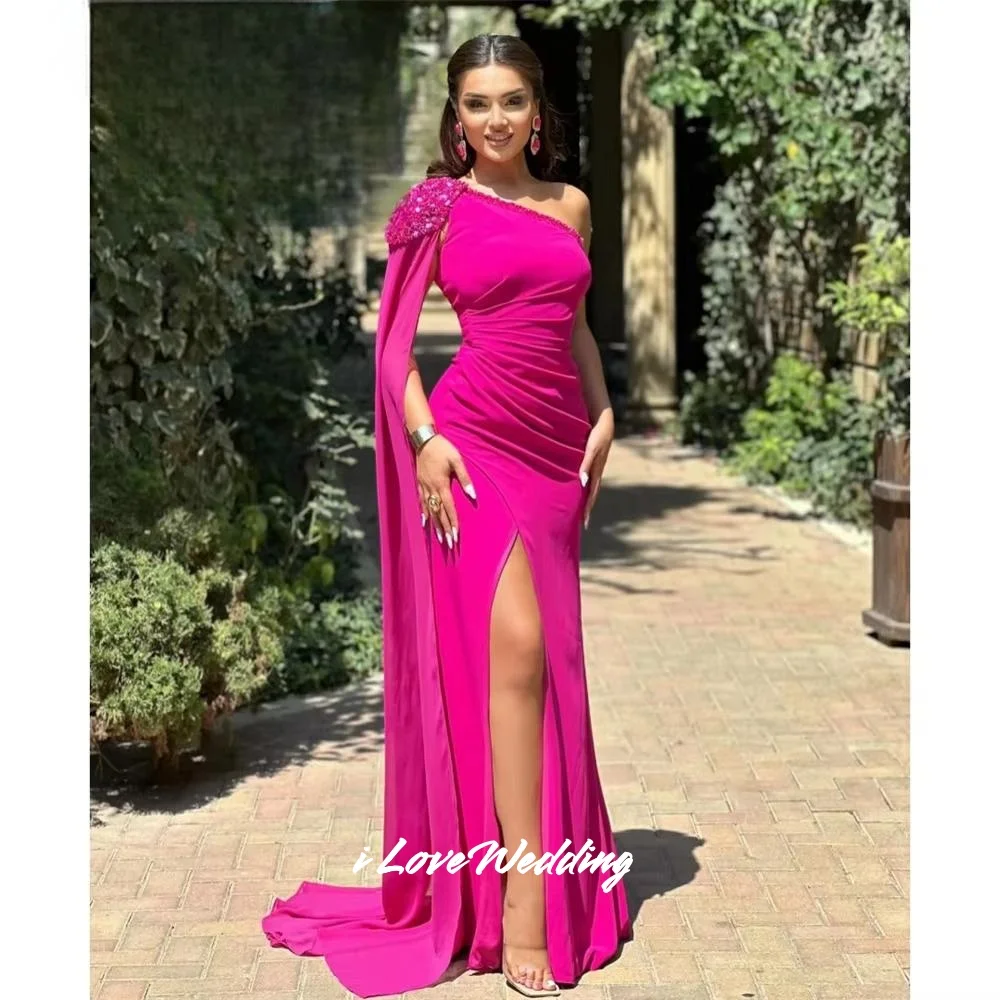 Rose Pink Beaded One Shoulder Prom Dress Sleeveless Shawl Mermaid Side Split Backless Pleated Floor-Length Party Dress Customize