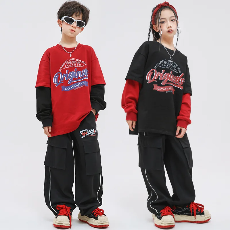 Kids Hip Hop Dance Clothes Sets Boys Girls Black Loose Vest Long Sleeve Tops Jazz Dance Performance Costume Modern Kpop Outfit