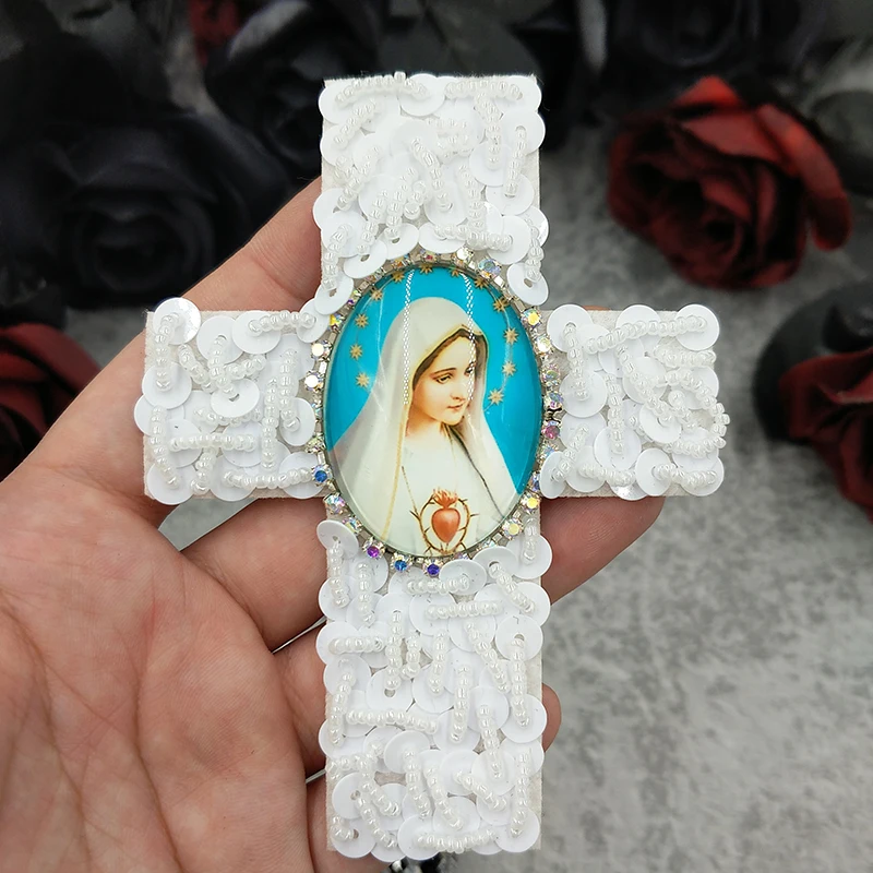 Fashion 3D Handmade Beaded Jesus Patch Sequins Virgin Mary Cross Sticker Sew on Clothing Decoration DIY Bag Hat Accessories