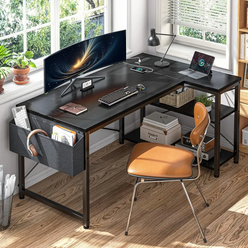 48 Inch L Shaped Gaming Desk with Reversible Storage Shelves & Side Bag, Computer Desk with Power Outlets, Small Corner  Desk