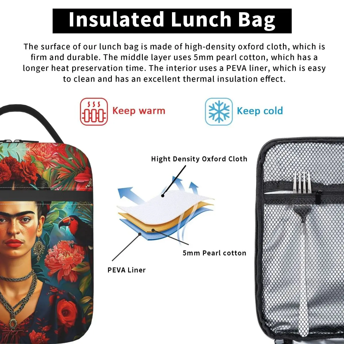 F-Frida K-Kahloes Artwork Insulated Lunch Bag High Capacity Painting Reusable Thermal Bag Tote Lunch Box College Picnic Food Bag