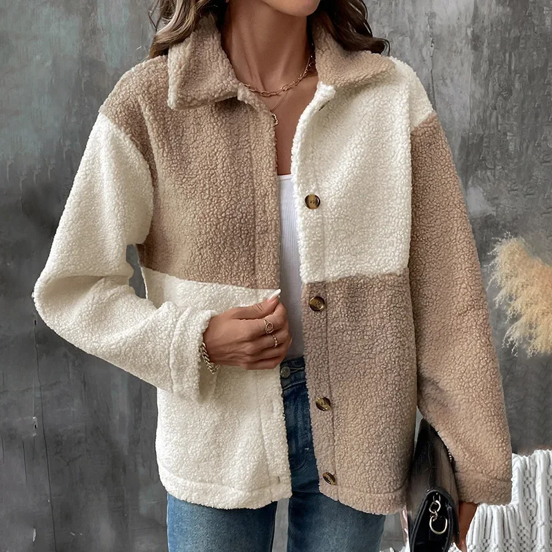 

Winter Autumn New Fashion Women's Color-coded Loose Plaid Turn-down Collar Long Sleeve Casual Trendy Breasted Jacket Female Coat