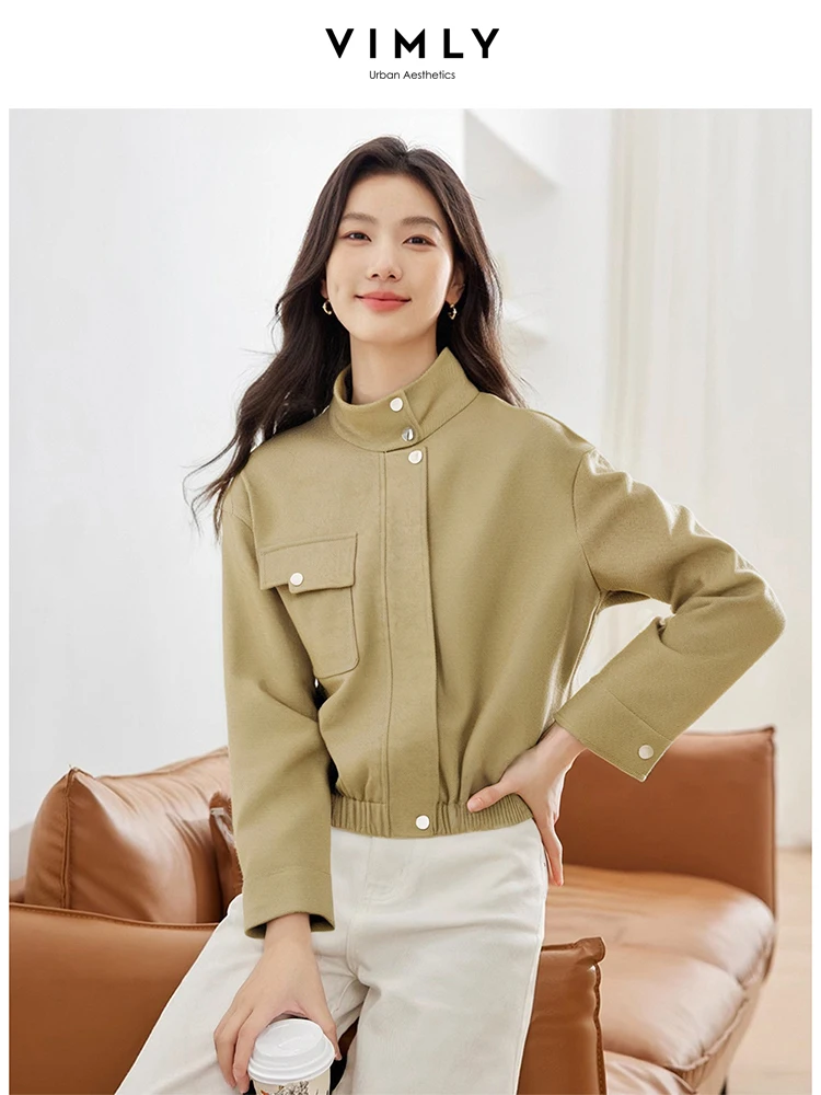 

VIMLY Cropped Wool Blend Jacket for Woman 2025 Autumn Winter Women Outerwear Office Lady Long Sleeve Woolen Short Coats M8685