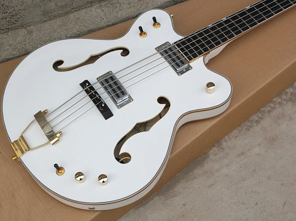 Flyoung 4 Strings White Semi-hollow Body Electric Bass Guitar with Rosewood Fingerboard,Offer Customize