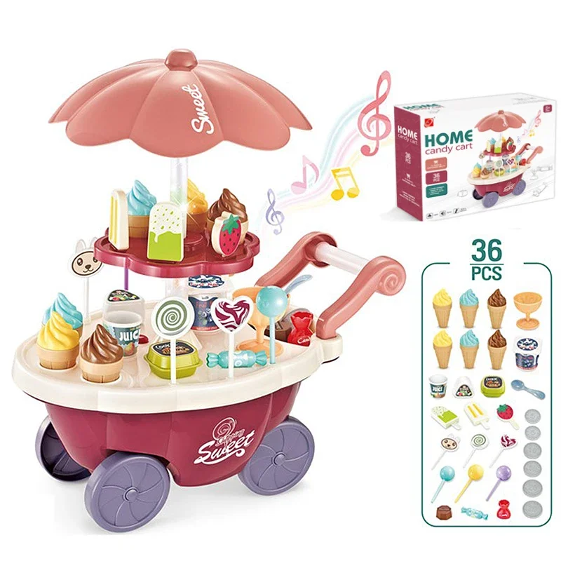 Children kitchen Pretend play home accessories simulated tableware mini ice cream candy trolley supermarket store toys Push Cars