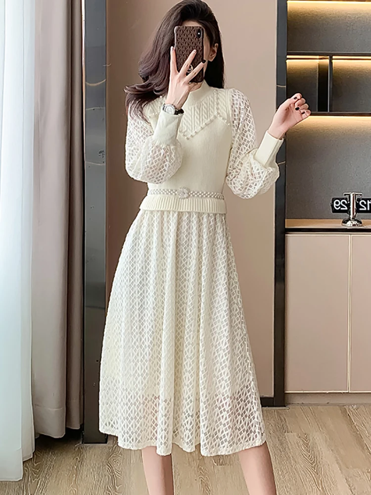 Women Fashion Plaid Hollow Out Bodycon Beading Long Dress 2024 Luxury Elegant Sweater Dress Autun Winter Korean Casual Vestidos