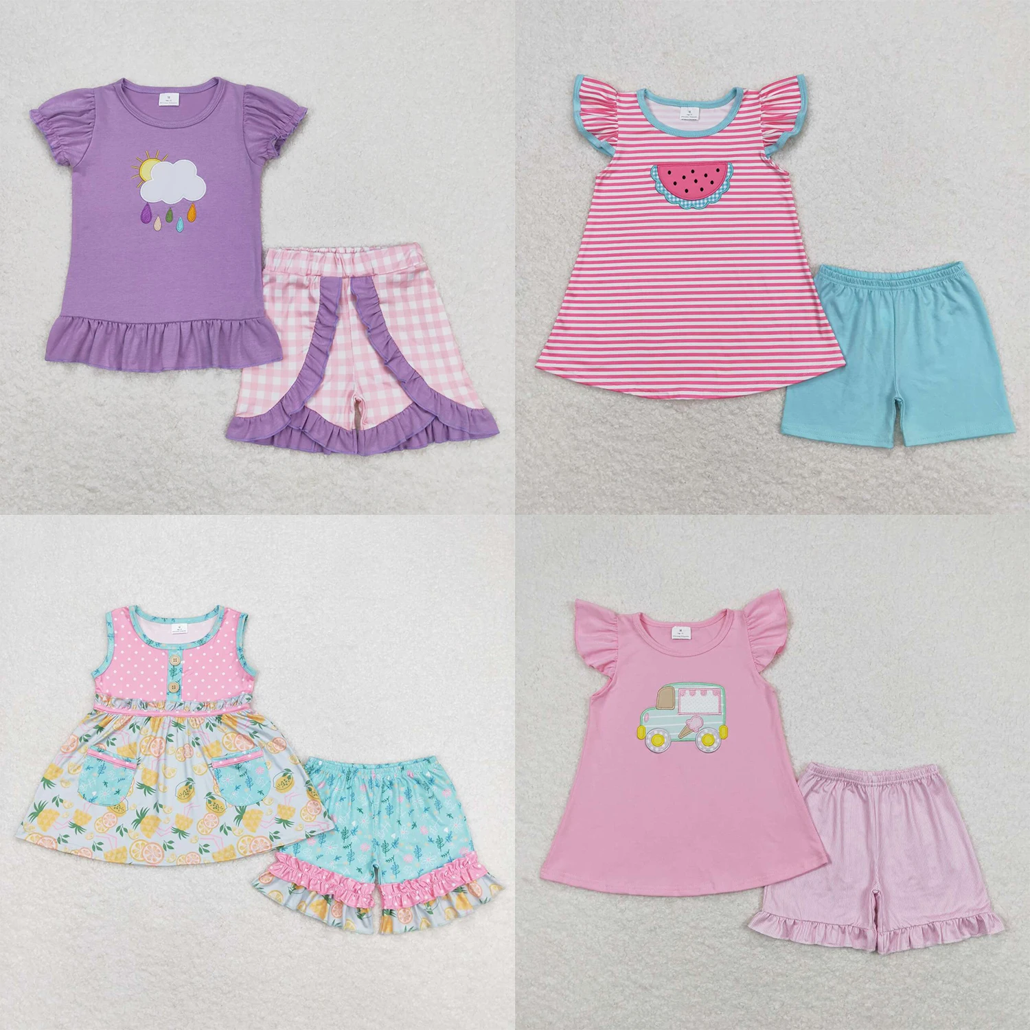 

Wholesale Baby Girls Summer Embroidery Set Kids Children Short Sleeves Purple Two Pieces Outfit Toddler Plaid Shorts Clothes