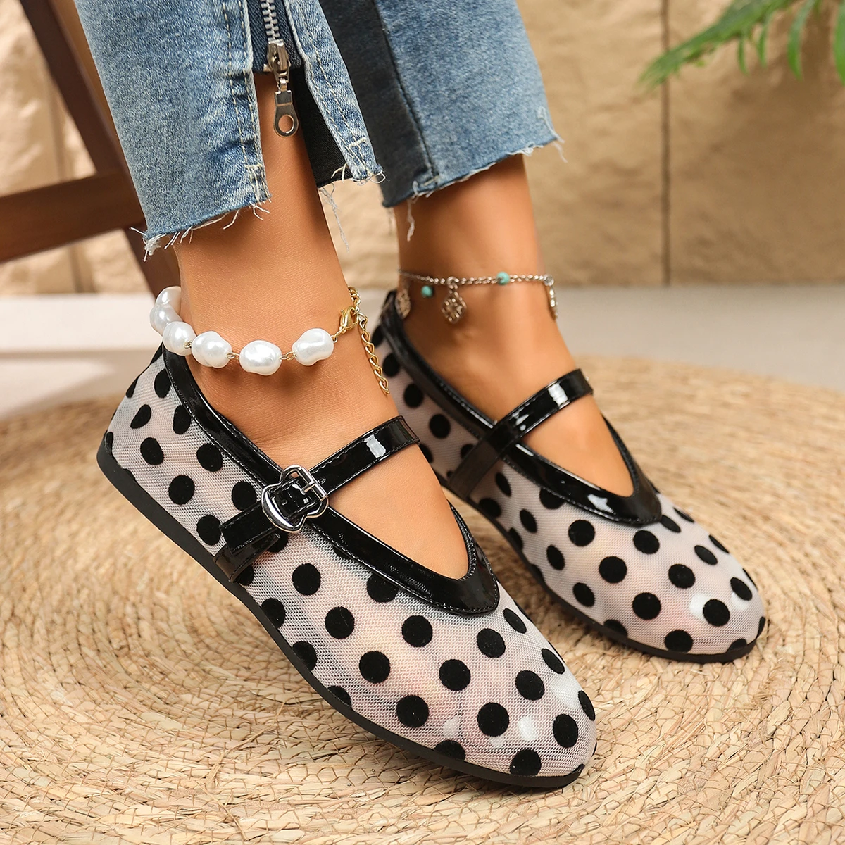 2026 Damen Ballerinas mit Netzstoff und Polka Dots, Vintage Mary Jane Schuhe mit runder Zehenpartie, Übergrößen Damenschuhe Größe 36-43 – Detail 16