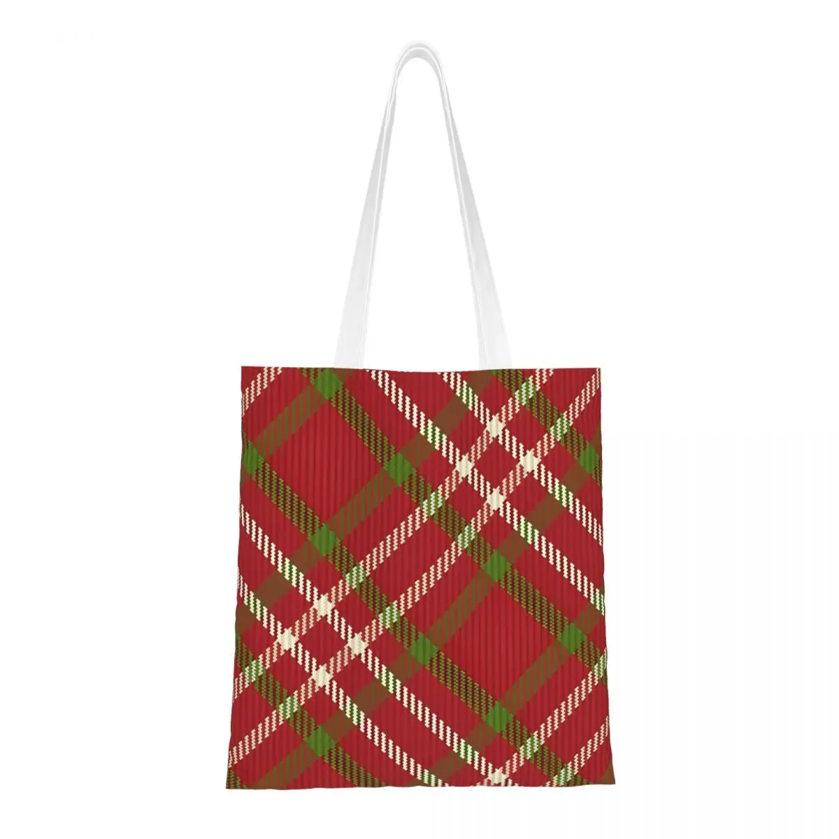 Fall Plaid Christmas Green Red White Canvas Tote Bag Trendy Large Capacity Shopping Bag for Unisex Travel Bags