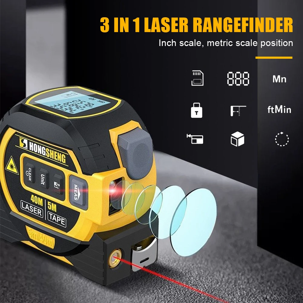 

3 in 1 Laser Rangefinder 5m Tape Measure Ruler LCD Display with Backlight Distance Finder Meter Building Measurement Device