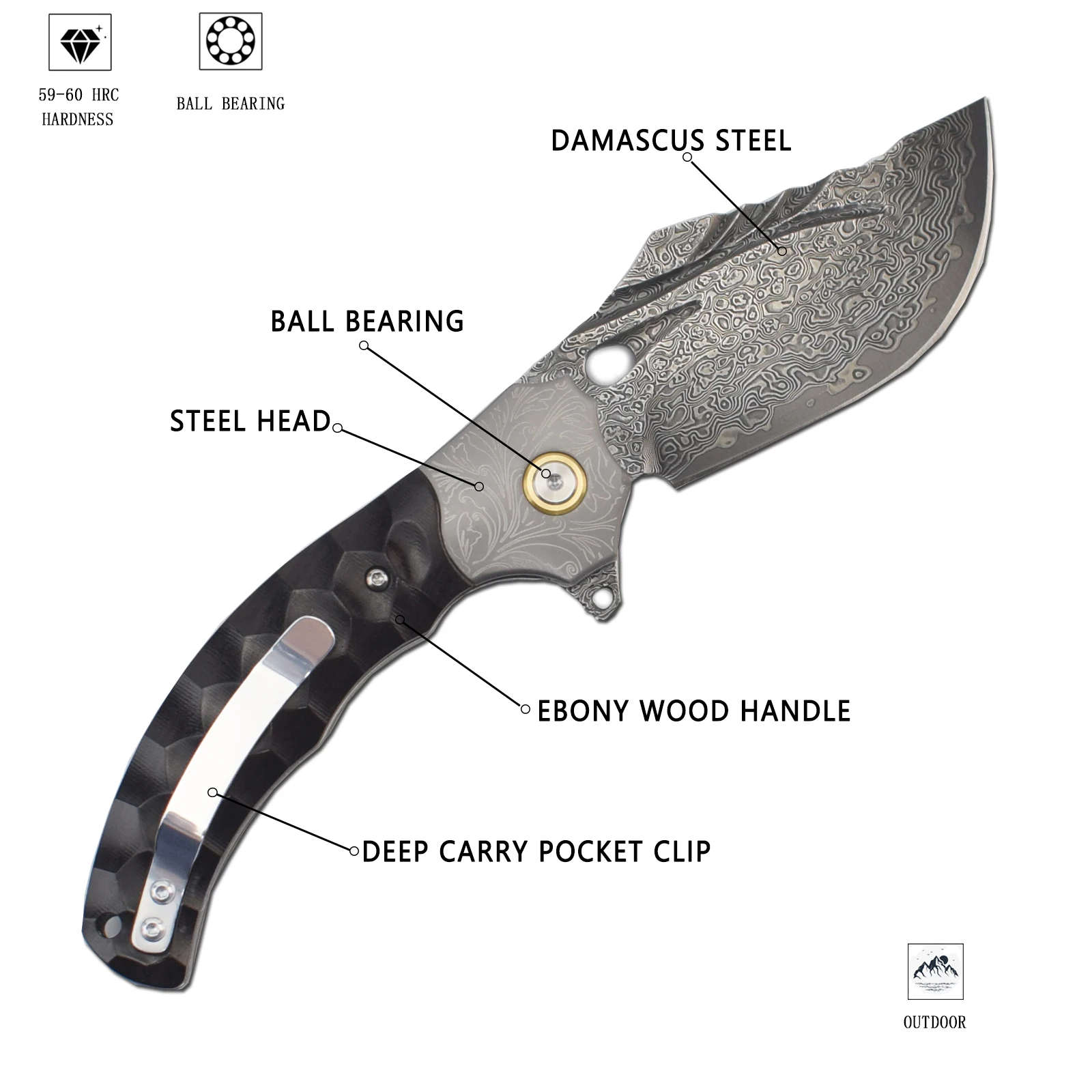 Lâmina dobrável artesanal de aço damasco, utilitário de sobrevivência para acampamento ao ar livre, ferramentas edc, facas dobráveis de bolso, ébano cnc + alça de aço