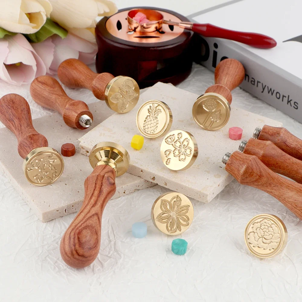 Wax Seal Stamp Set 1 Removable Round Brass Stamp Head And 1 Rosewood Handle Fruit Flower Greenery Pattern For Envelopes,Cards