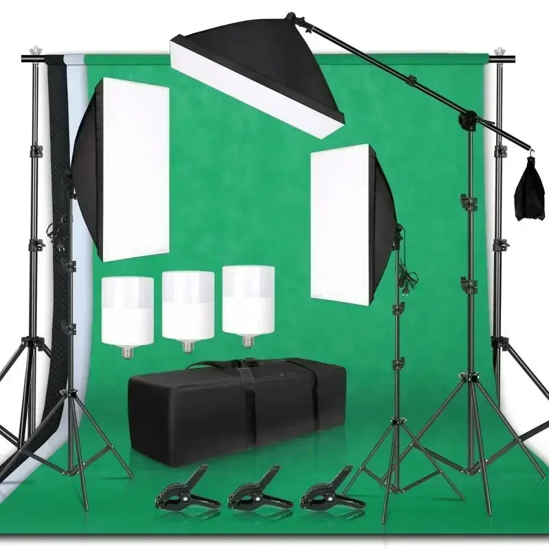 Kit d'éclairage de studio photo avec boîte à lumière, cadre de fond, 3 toiles de fond, support trépied, panneau réflecteur et 4 parapluies