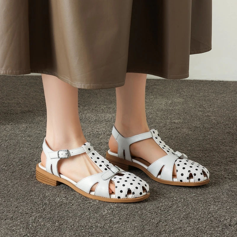 Women's New Summer Leather Cowhide Round Toe Elastic Buckle, Thick Heel, Hollow Breathable Roman Shoes, Fashion Sandals