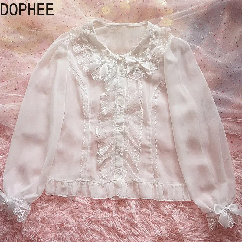Japanese Spring Summer Perspective Long Sleeve Lolita Shirts Cute Beading Lace Bow Peter Pan Collar All-match Princess Tops