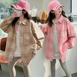 Girls shirt network red Korean version 2024 new girls casual plaid shirt loose top big child spring coat For 110 To 170 size