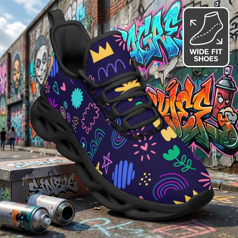 Ladies Men's Wide-Fit Casual Sports Shoes，Fresh deep indigo base with small, bright cute rainbow crown mini icon graffiti