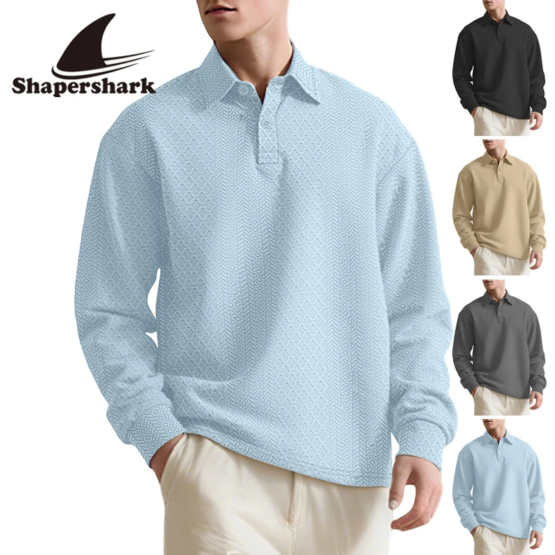 Shapershark Men's Long-Sleeve Polo Shirt High-Quality Men's Office Business Polo Solid Color Textured Jacquard Waffle Weave