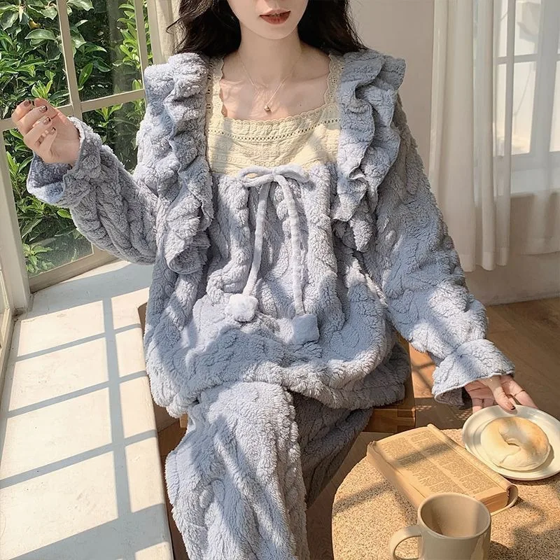 Women's Fall Winter Fleece Thickened Student Sweet Women's Clothing Other Uniform Sets Soft Coral Fleece Princess Style Pajamas