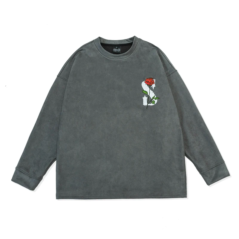 Men Autumn Long Sleeve T-Shirt Rose Leaf Embroidery Letter Print Crew Neck Harajuku Streetwear Hip Hop Vintage Tee Shirt Tops