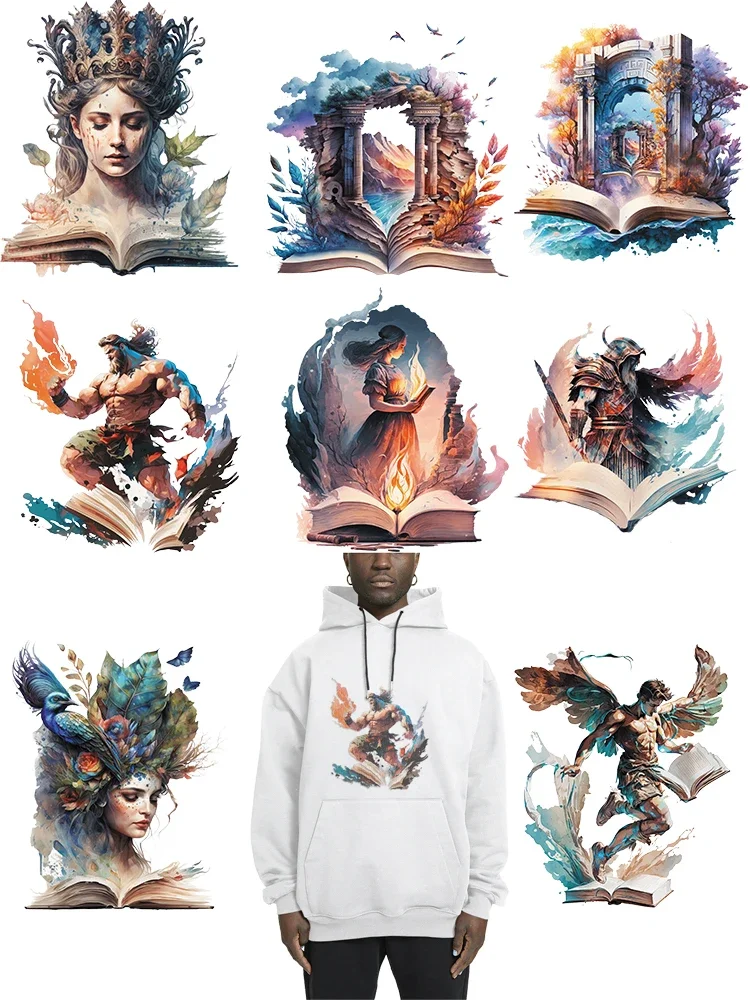 

4PCS The Book of Olympus Mythical Figures DTF Thermo Sticker Decals Heat Transfer On Clothes Iron On Patch For Press Printing